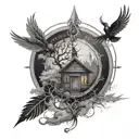 life of tree with small house surrounded runes compass under flighting phoenix  tattoo design idea