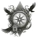 life of tree with small house surrounded runes compass under flighting phoenix  tattoo design idea