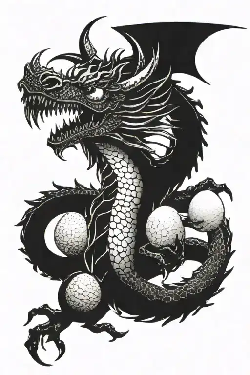 Black dragon with Orphic egg in middle of their forehead, smirking tattoo design idea