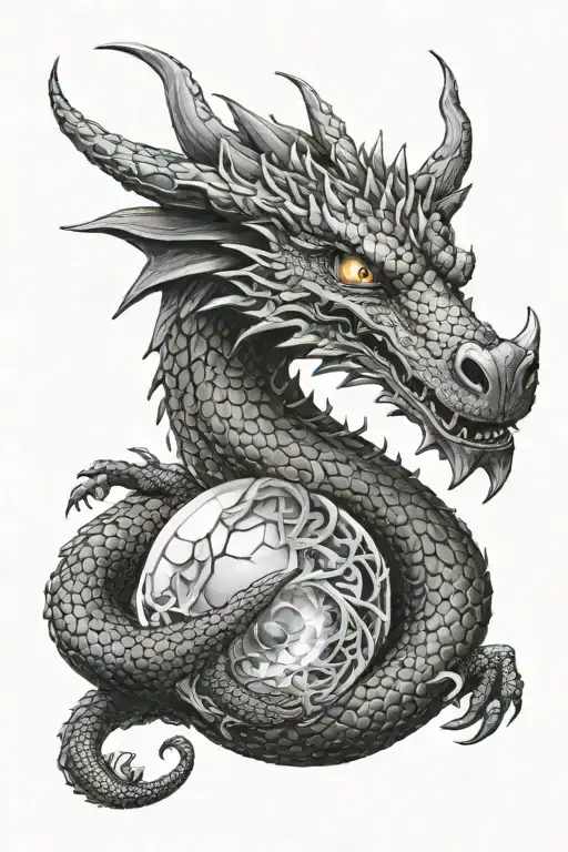 Black dragon, very stocky, with crystal egg for third eye, smirking menacingly tattoo design idea