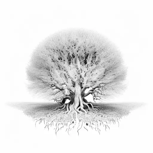 an image of a tree with roots deep in the ground, reaching up towards the sky. The trunk of the tree could be twisted an tattoo design idea