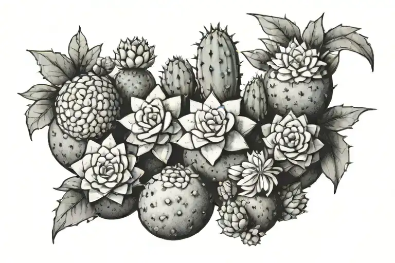 four tiny dragonnets hiding amongst cacti and succulents. tattoo design idea
