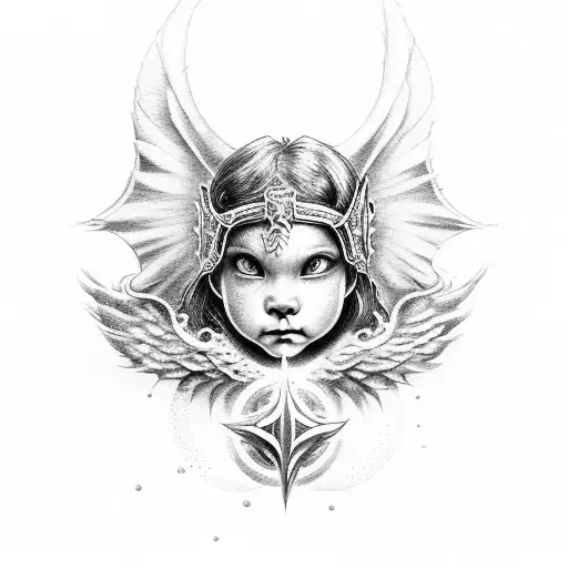smirking cherub with halo and dragons around him tattoo design idea