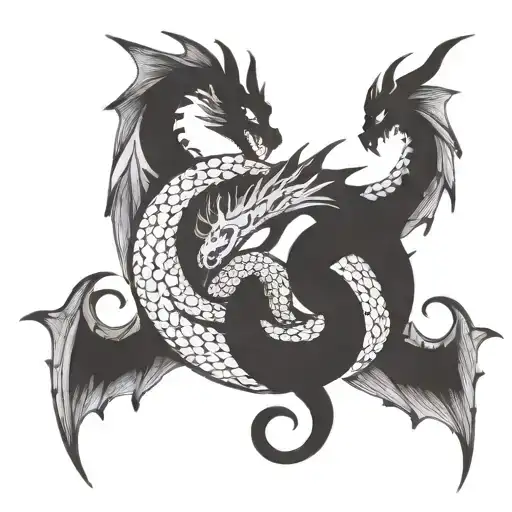 A tattoo design featuring a trio of dragons intertwined with each other, symbolizing the bond between three siblings tattoo design idea