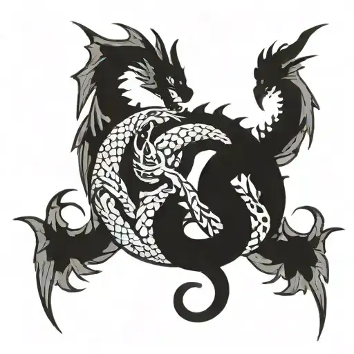 A tattoo design featuring a trio of dragons intertwined with each other, symbolizing the bond between three siblings tattoo design idea