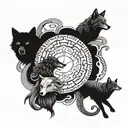 An intricate tattoo design incorporating elements of snakes, wolves, and moons to represent the three siblings and their unique personalities tattoo design idea