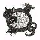 An intricate tattoo design incorporating elements of snakes, wolves, and moons to represent the three siblings and their unique personalities tattoo design idea