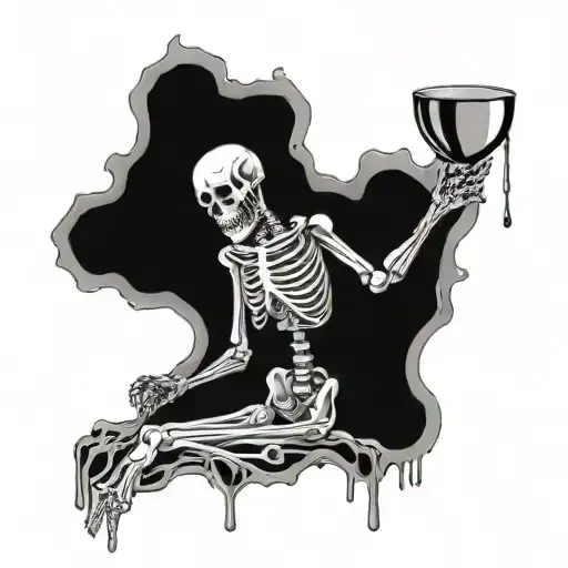 sad skeleton turning into liquid chrome pouring tattoo design idea