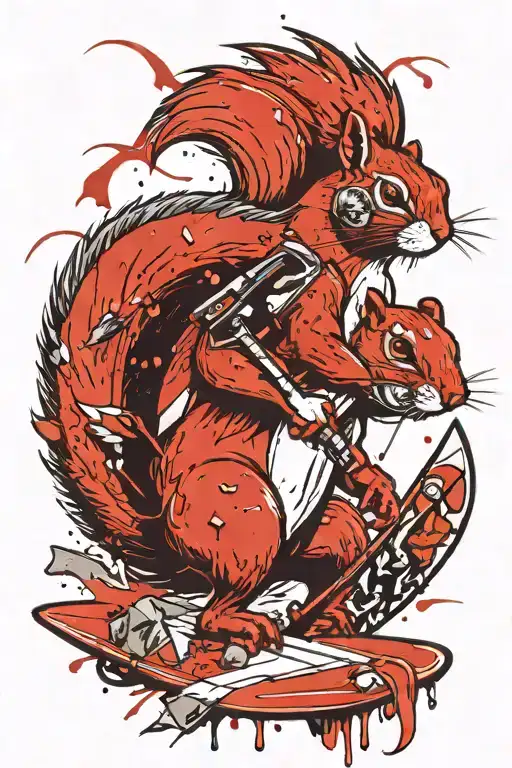 angry squirrel with axe carving a surfboard tattoo design idea