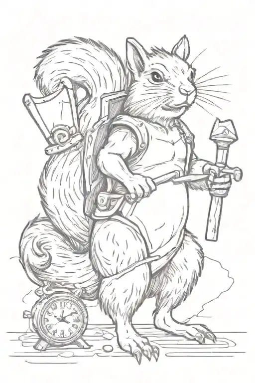 angry squirrel with axe and clock tattoo design idea