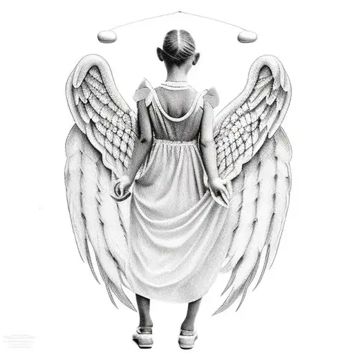 girl angel with large wings and she has two heads one is angelic one head is evil she has two hand crossed over her body tattoo design idea