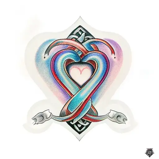 A colorful heart in a Norse style, ringed by the text "Clifton and Carrie, Est. 1993" tattoo design idea