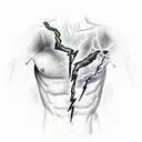 lightning going through the chest with the world " legends never die " wrote in the middle of it tattoo design idea