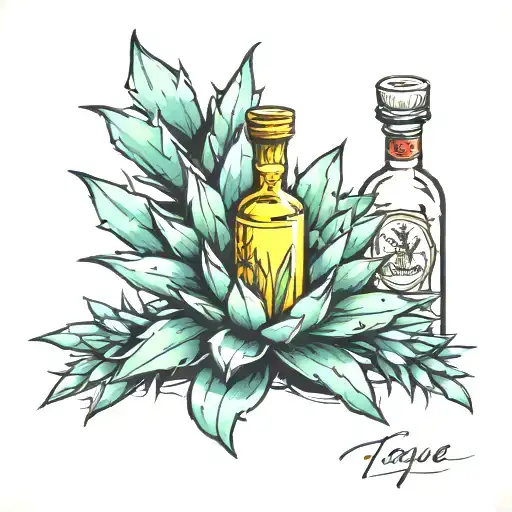 agave plant with tequila bottle  tattoo design idea