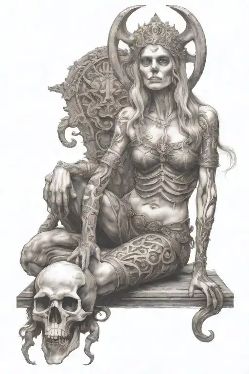 nordic goddedd hel nordic godess of death full body half skeletal tattoo design idea