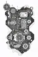electronics and high-tech, the future, mechanisms with electronics, man and electronics. Minimalism and schemes  tattoo design idea