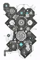 electronics and high-tech, the future, mechanisms with electronics, man and electronics. Minimalism and schemes  tattoo design idea