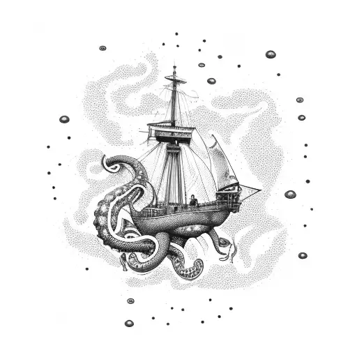 Navy ship with a giant squid in water tattoo design idea