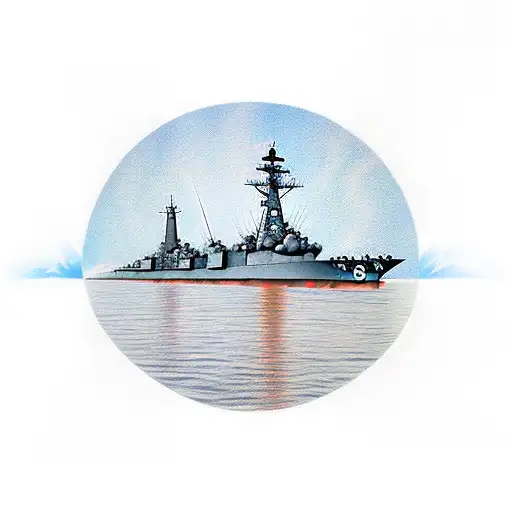 uss san antonio in the water with a sunrise in the background tattoo design idea