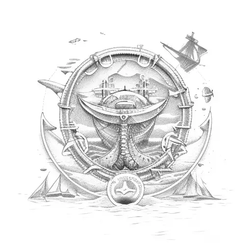 Navy ship in the water with a leviathan tattoo design idea