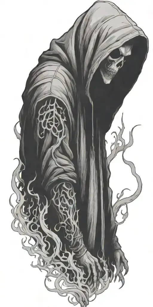 hooded reaper silohuette, smoke, fire, scary devil sitting tattoo design idea