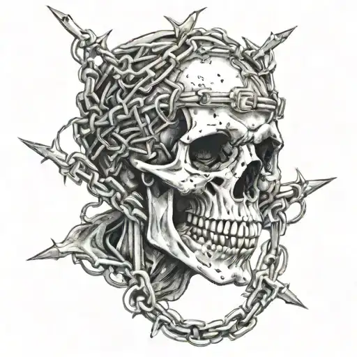 skull wrapped in barbed wire and chain wrapped tattoo design idea