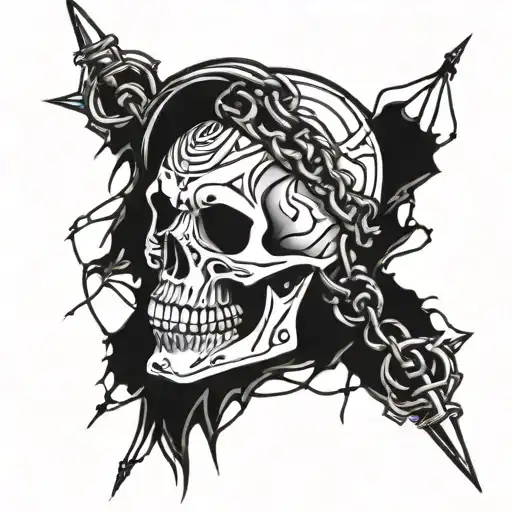 skull wrapped in barbed wire and chain wrapped tattoo design idea