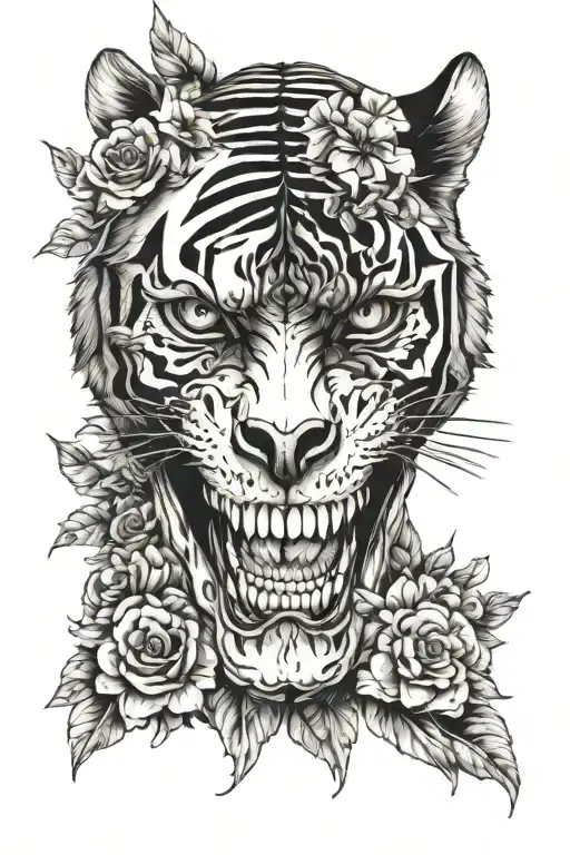 tiger skull and flowers tattoo design idea