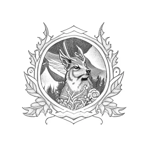 An elegant blackwork tattoo of a woodland scene with a hidden silhouette of st. Michael, the patron saint of warriors, protecting the flora and fauna of the forest tattoo design idea