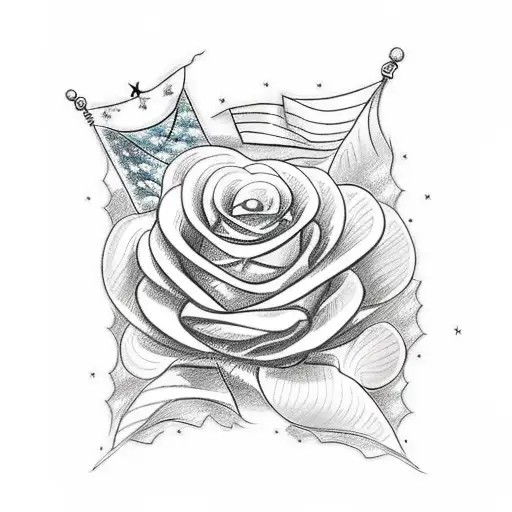 A sketch-style tattoo of the American flag morphing into a beautiful bouquet of flowers, with a subtle rosary intertwined in the design tattoo design idea