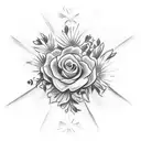 A sketch-style tattoo of the American flag morphing into a beautiful bouquet of flowers, with a subtle rosary intertwined in the design tattoo design idea