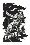 wolf in forest with eagle flying tattoo design idea