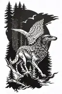 wolf in forest with eagle flying tattoo design idea
