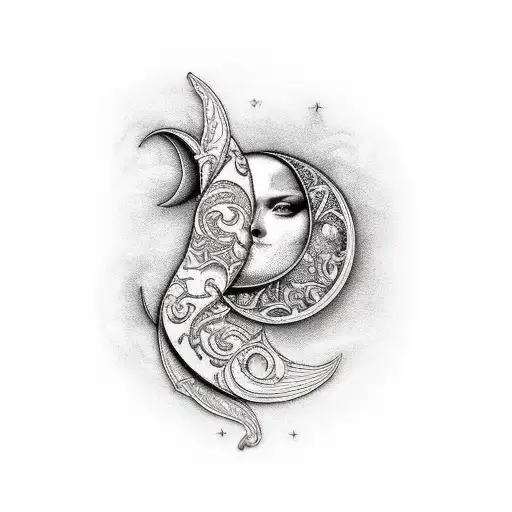Vertical baroque style with crescent moon tattoo design idea