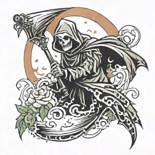 Don't fear the reaper, happy reaper, rain, sun and wind around tattoo design idea