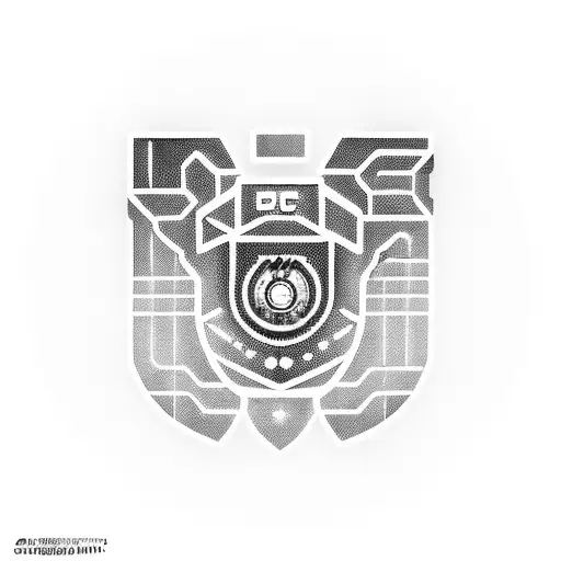 A futuristic cybernetic arm holding a digital badge with the symbol of the Federal Police, surrounded by binary code and circuit patterns tattoo design idea