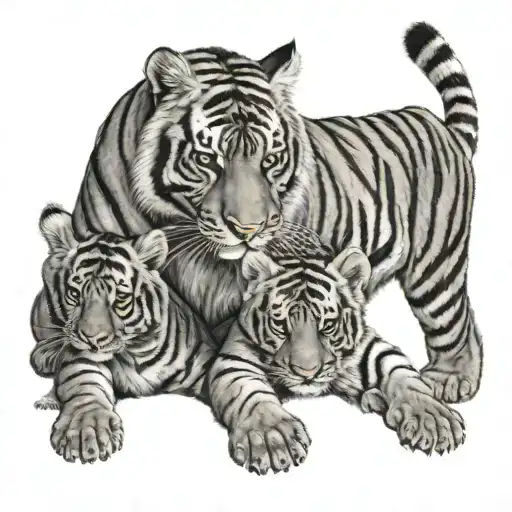 a mama tiger with three siblings baby tigers, two boys one girl tattoo design idea
