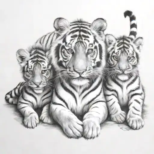 three baby tiger and a queen mama tiger  tattoo design idea