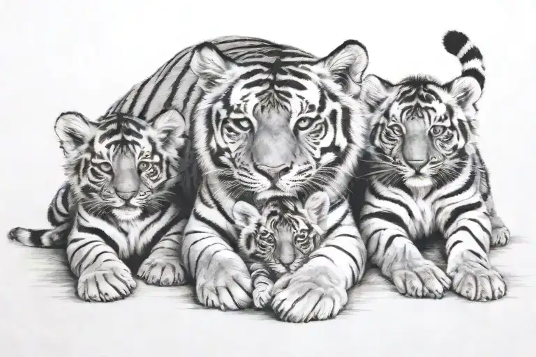 mama Siberian tiger with three black tigers babies, all laying in the ground  tattoo design idea