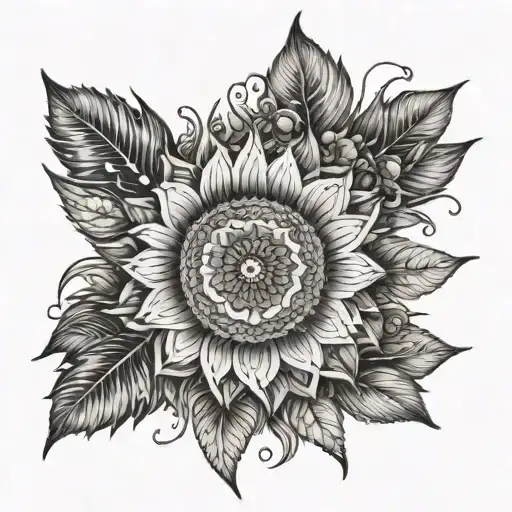 An intricate mandala design incorporating elements of agriculture like wheat and sunflowers tattoo design idea