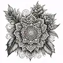 An intricate mandala design incorporating elements of agriculture like wheat and sunflowers tattoo design idea