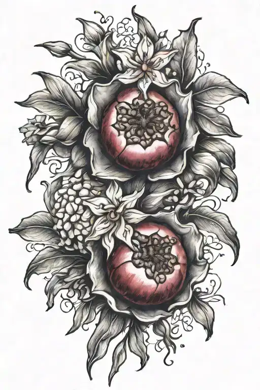 bident, narcissus, pomegranate branch intertwined tattoo design idea