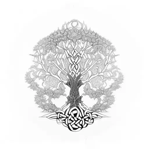 A tree of life with intricate branch patterns surrounded by a celtic design tattoo design idea