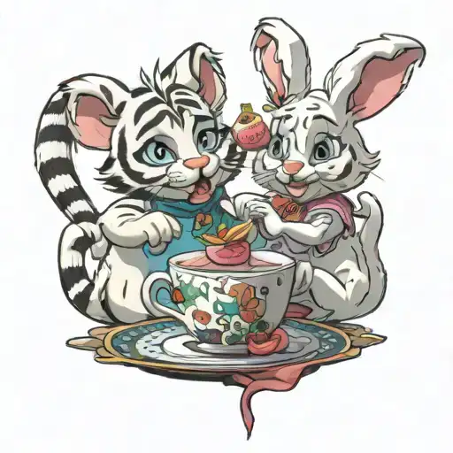 cartoon white tiger and white bunny from secret life of pets having a tea party tattoo design idea