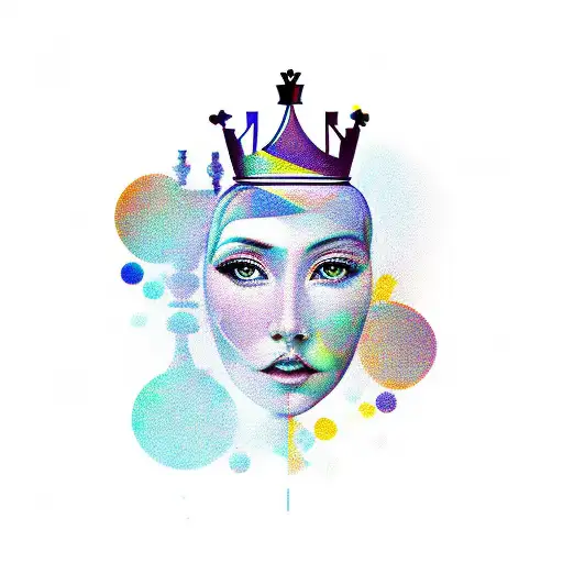 A single line chess queen piece in front of coloured chess squares tattoo design idea