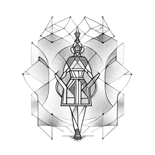 A single line chess queen in front of coloured geometric chess forms tattoo design idea