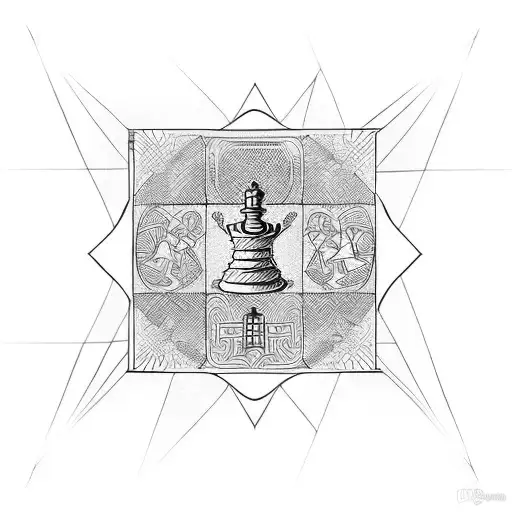 A single line chess queen piece in front of coloured chess squares tattoo design idea