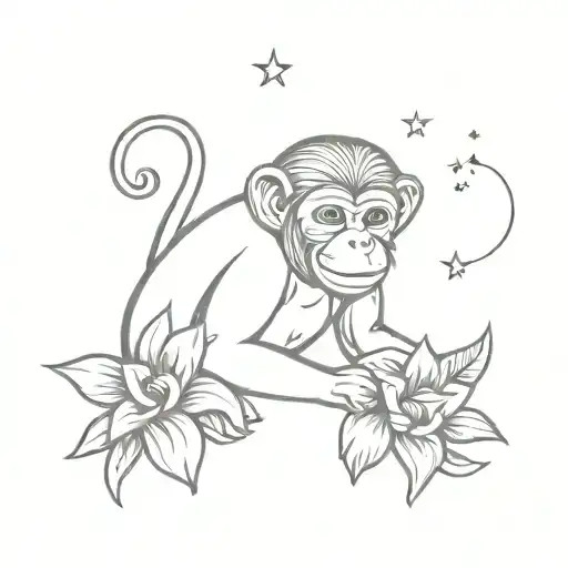 monkey with bali flower with stars forming tattoo design idea