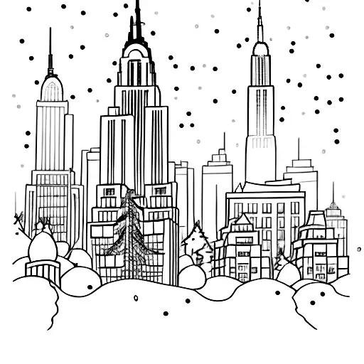 A black-grey tattoo depicting a snowy Central Park scene during Christmas time, with the Empire State Building in the distance tattoo design idea