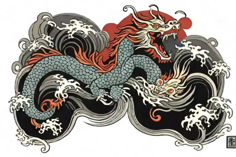 Japanese dragon wrapped with koi fish swimming in waves and the red sun  tattoo design idea